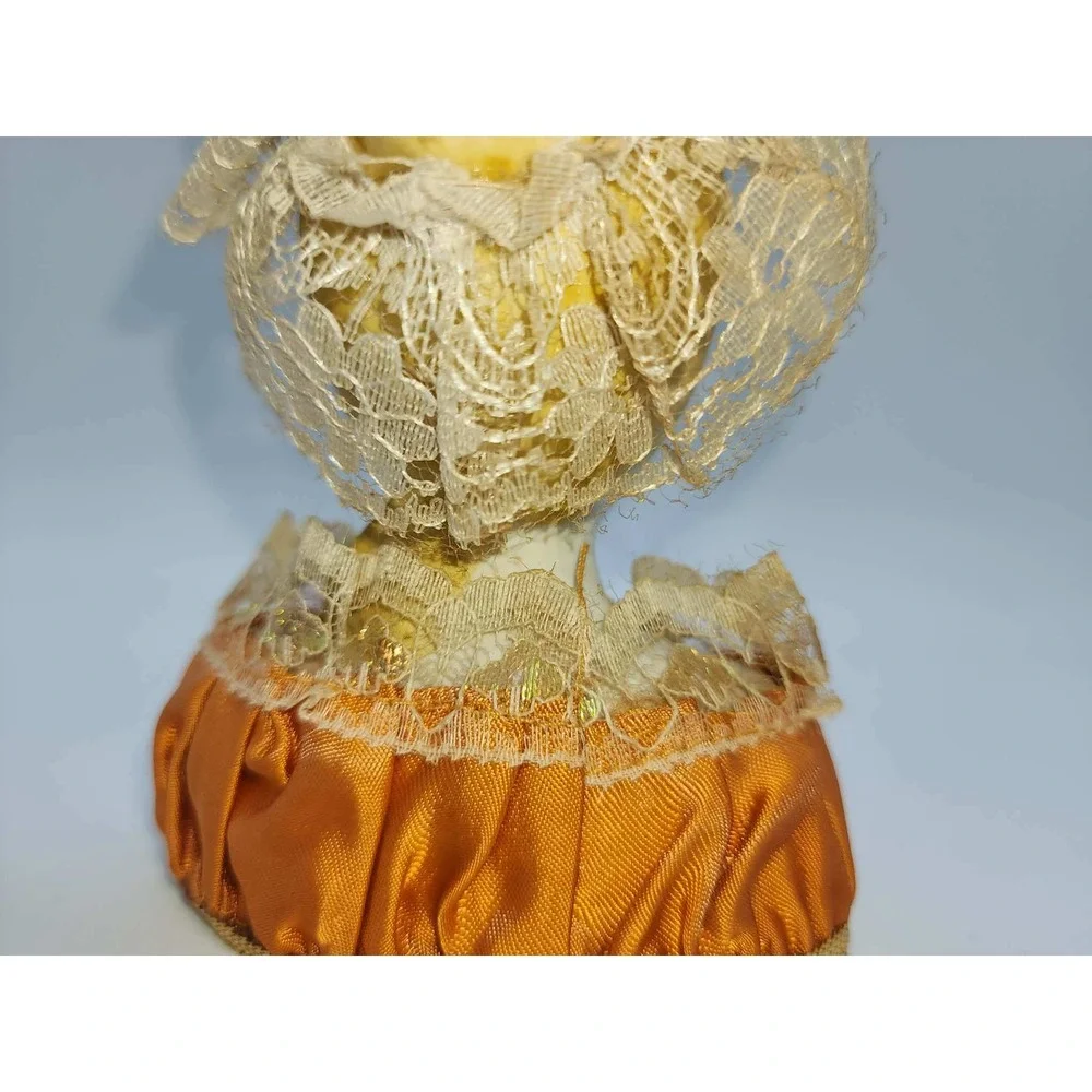 Vintage Porcelain Half Doll Pin Cushion Lace Headdress Orange Satin Base Antique - Picture 6 of 11